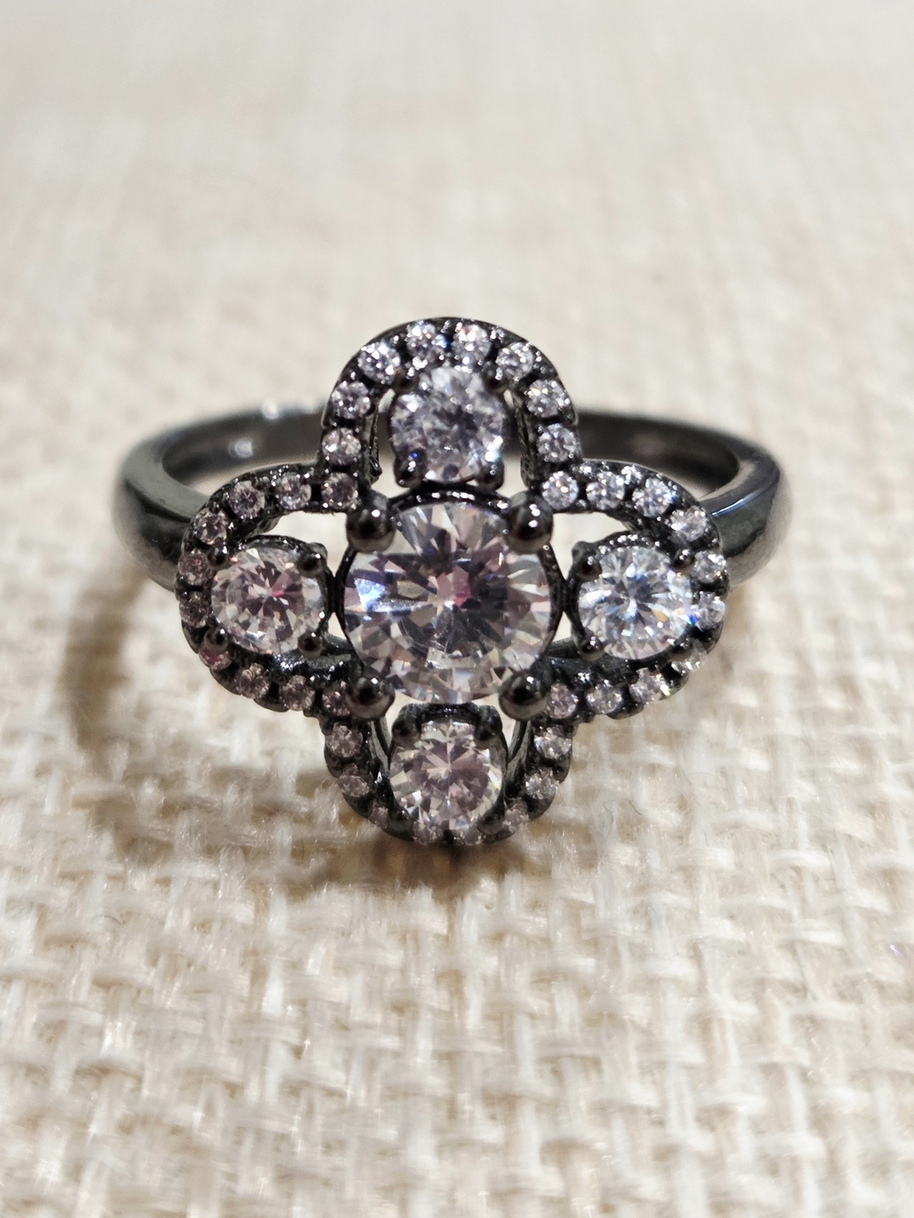 Sparkling Black Rhodium Clover Halo Ring with Clear Stones~Size 7.5